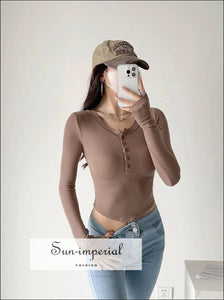 Women Ribbed Long Sleeve T-shirt Cropped Top With Button Front Detail Sun-Imperial United States