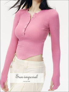 Women Ribbed Long Sleeve T-shirt Cropped Top With Button Front Detail Sun-Imperial United States