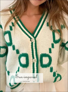 Women Plaid Knitted Single Breasted Bottomed V-neck Oversized Cardigan Sweater Loose Sun-Imperial United States