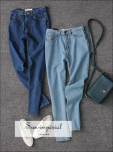 Women Casual Jeans High Waist Ankle Length Jeans Vintage Blue Jeans