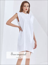 Women Casual Solid White Padded Shoulder Muscle Sleeveless O Neck Loose Mini Dress with Pocket Basic style, casual sleeveless basic loose 