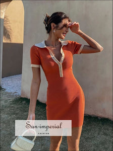 Women Color Block Orange White Polo Neck Ribbed Mini Dress with Buttons front detail Basic style, casual harajuku Preppy Style Clothes, 