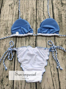 Women Color Matching Rope Woven Two-piece Swimsuit Fashion Low-cut Bikini Set Push-up Bra Backless