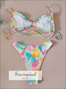 Women Colorful Geometric Print 2 Piece Bikini Set with Cent Tie and Ruffle detail With cent And Detail Sun-Imperial United States