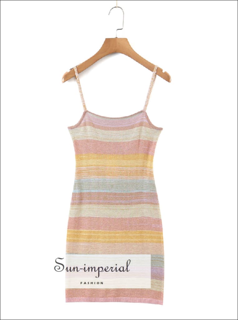 Women Colorful Striped Knitted Cami Strap Mini Dress with Sequin detail Beach Style Print, bohemian style, boho casual chick sexy style 