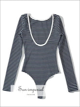 Women Cotton Low Back Long Sleeve Black And White Striped Bodysuit Basic style, casual chick sexy harajuku PUNK STYLE Sun-Imperial United