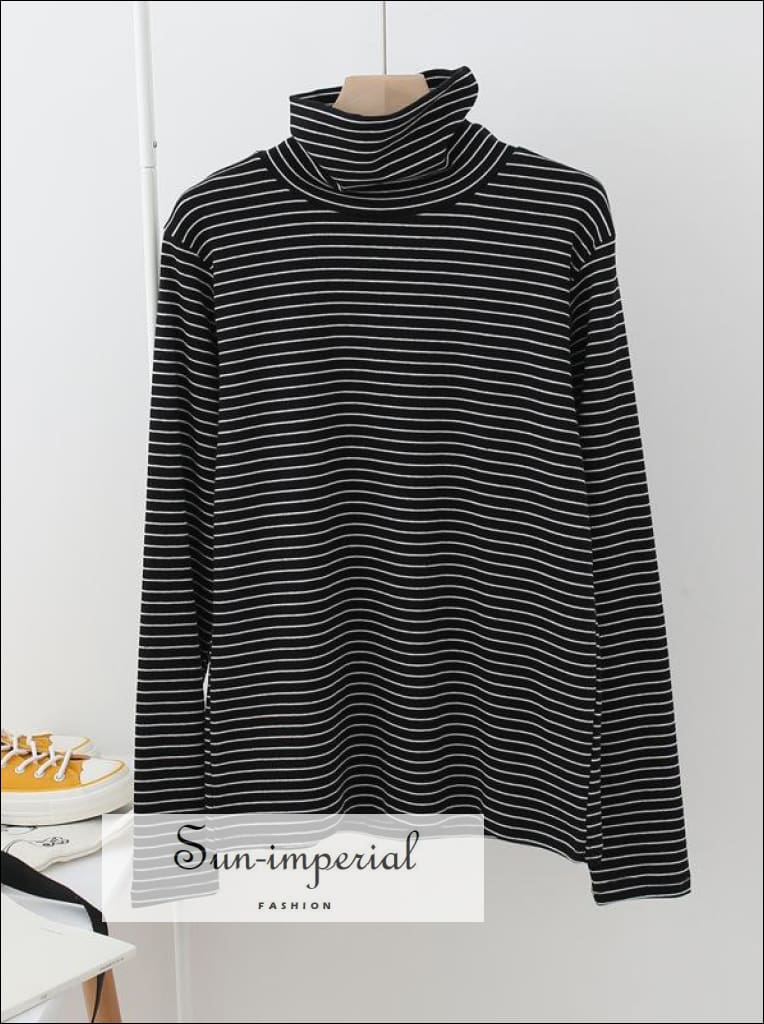 Women Cotton Turtleneck Strip Tops Contrast Basic High Neck Long Sleeve top SUN-IMPERIAL United States