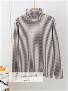 Women Cotton Turtleneck Strip Tops Contrast Basic High Neck Long Sleeve top SUN-IMPERIAL United States