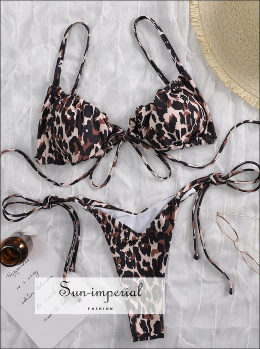 Women Cow Print Ruched Swimsuit with Tie side and Center X back Details Bikini Set COW PRINT BIKINI, LEOPARD With tie Side And Back 