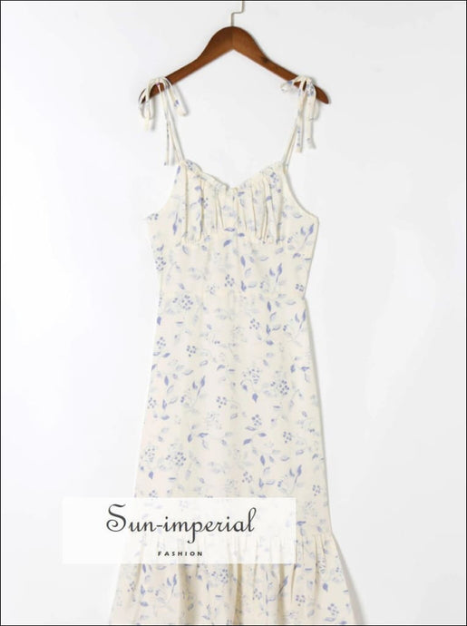 Women Cream Floral Ruched Bodice Tie Cami Strap Midi Dress Sun-Imperial United States