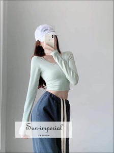 Women Beige Long Sleeve Crop top Fitted T-shirt with Stitch detail Basic style, casual chick sexy harajuku Preppy Style Clothes SUN-IMPERIAL