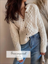Women Cream Vintage Cable Cardigan Slouchy Style Button Placket Knit top with Ribbed Trims street style, vintage vintagestyle SUN-IMPERIAL 