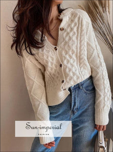 Women Cream Vintage Cable Cardigan Slouchy Style Button Placket Knit top with Ribbed Trims street style, vintage vintagestyle SUN-IMPERIAL 