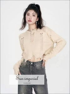 Women Beige Crew Neck Knitted Distressed Cropped Jumper casual style, chick sexy harajuku PUNK STYLE, street style Sun-Imperial United 
