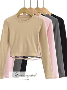 Women Crew Neck Open Back Crop Long Sleeve T-shirt With Adjustable Low Dual Straps Basic style, chick sexy harajuku Preppy Style Clothes,