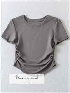 Women’s Round Neck Short Sleeve Cotton Solid Basic T-shirt Top With Ruched Sides Detail BASIC, style, Casual, casual style women blouse