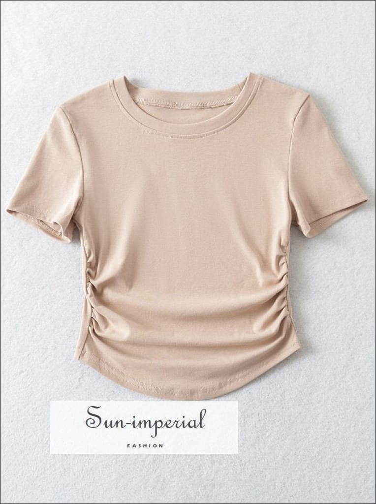 Women’s Round Neck Short Sleeve Cotton Solid Basic T-shirt Top With Ruched Sides Detail BASIC, style, Casual, casual style women blouse