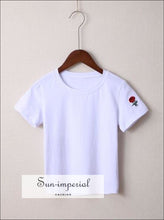 Women Crewneck Soft and Stretchy Cotton Tee Embroidery Rose Short Sleeve T-shirt Tops BASIC SUN-IMPERIAL United States