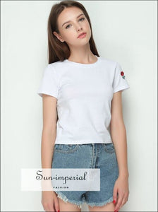 Women Crewneck Soft and Stretchy Cotton Tee Embroidery Rose Short Sleeve T-shirt Tops BASIC SUN-IMPERIAL United States