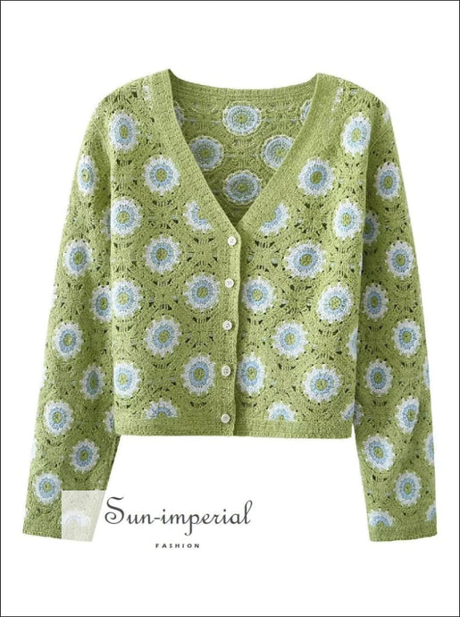 Women Crochet Green Knitted Long Sleeve Floral Cardigan Sweater Beach Style Print, Bohemian Style, boho style, casual harajuku style 