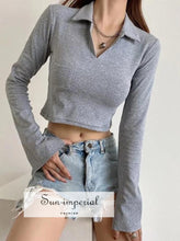 Women Cropped Plain White Long Sleeve Polo Collar top with front Pocket detail SUN-IMPERIAL United States