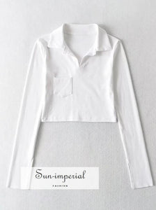 Women Cropped Plain White Long Sleeve Polo Collar top with front Pocket detail SUN-IMPERIAL United States