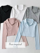 Women Cropped Plain White Long Sleeve Polo Collar top with front Pocket detail SUN-IMPERIAL United States