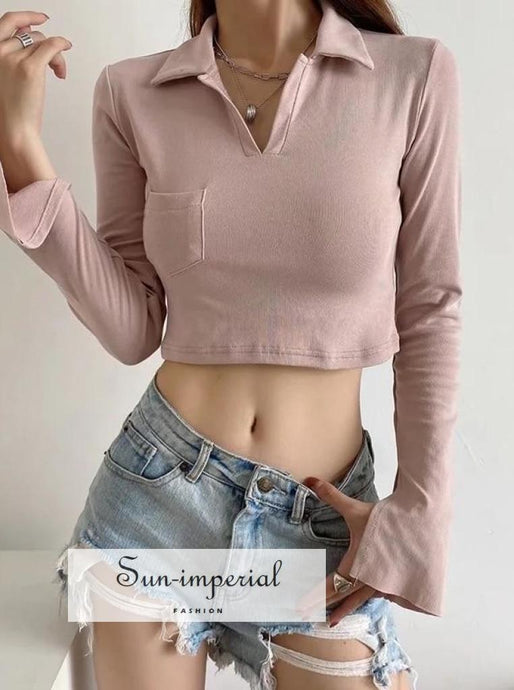 Women Cropped Plain White Long Sleeve Polo Collar top with front Pocket detail SUN-IMPERIAL United States