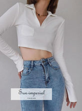 Women Cropped Plain White Long Sleeve Polo Collar top with front Pocket detail SUN-IMPERIAL United States