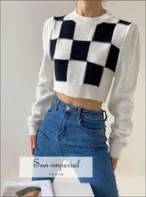 Women Cropped White Checkered Long Puff Sleeve Plaid Knit top Jumper Basic style, casual chick sexy harajuku street style SUN-IMPERIAL 