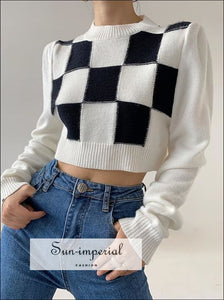 Women Cropped White Checkered Long Puff Sleeve Plaid Knit top Jumper Basic style, casual chick sexy harajuku street style SUN-IMPERIAL 