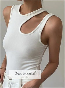 Women Cutout Solid White Ribbed Camisole Tank top with Round Neck and Asymmetrical Stapes Basic style, casual chick sexy elegant harajuku 