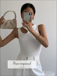 Women Cutout Solid White Ribbed Camisole Tank top with Round Neck and Asymmetrical Stapes Basic style, casual chick sexy elegant harajuku 