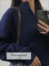 Women Dark Blue 1/4 Zip front Chunky Knit Jumper Casual top Basic style, bohemian boho casual Preppy Style Clothes SUN-IMPERIAL United 