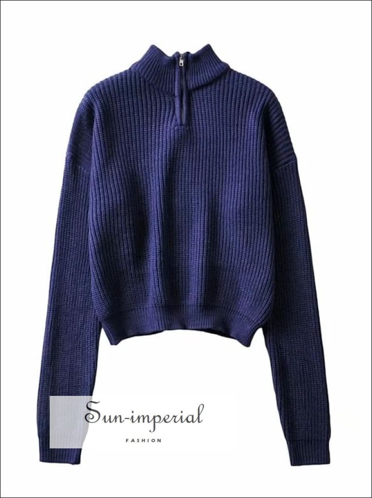 Women Dark Blue 1/4 Zip front Chunky Knit Jumper Casual top Basic style, bohemian boho casual Preppy Style Clothes SUN-IMPERIAL United 