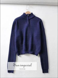 Women Dark Blue 1/4 Zip front Chunky Knit Jumper Casual top Basic style, bohemian boho casual Preppy Style Clothes SUN-IMPERIAL United 