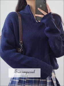 Women Dark Blue 1/4 Zip front Chunky Knit Jumper Casual top Basic style, bohemian boho casual Preppy Style Clothes SUN-IMPERIAL United 