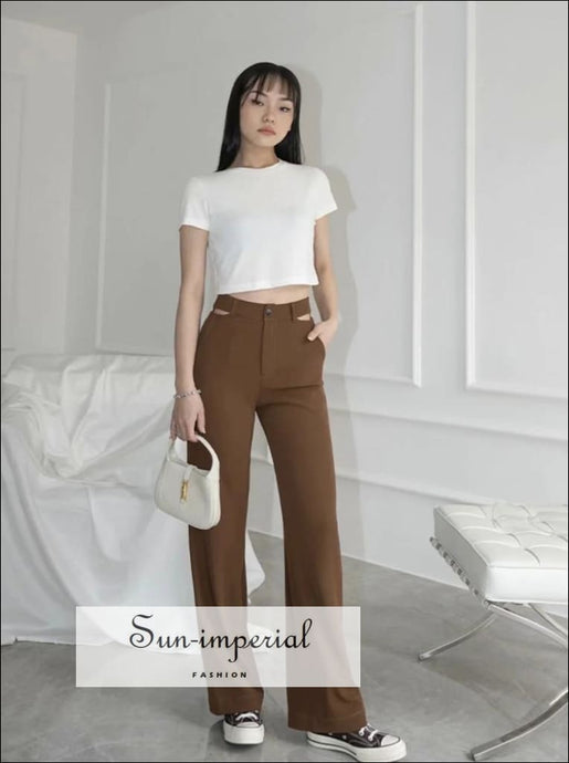 Women Dark Brown Cut out Waist Tailored Straight Leg Trouser Long Pants casual style, chick sexy harajuku PUNK STYLE, street style 