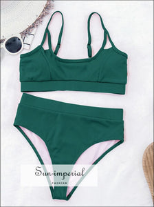 Women Dark Green Ribbed High Waist Tank Bikini Set Sporty Two-piece Swimsuit Swimsuit, red SUN-IMPERIAL United States