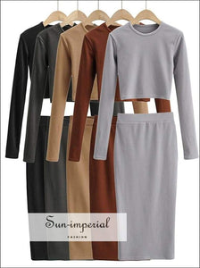 Women Dark Grey Casual Co-ord Fit O Neck Long Sleeve Crop top and Midi Skirt Set basic skirt set, Basic style, casual harajuku PUNK STYLE 
