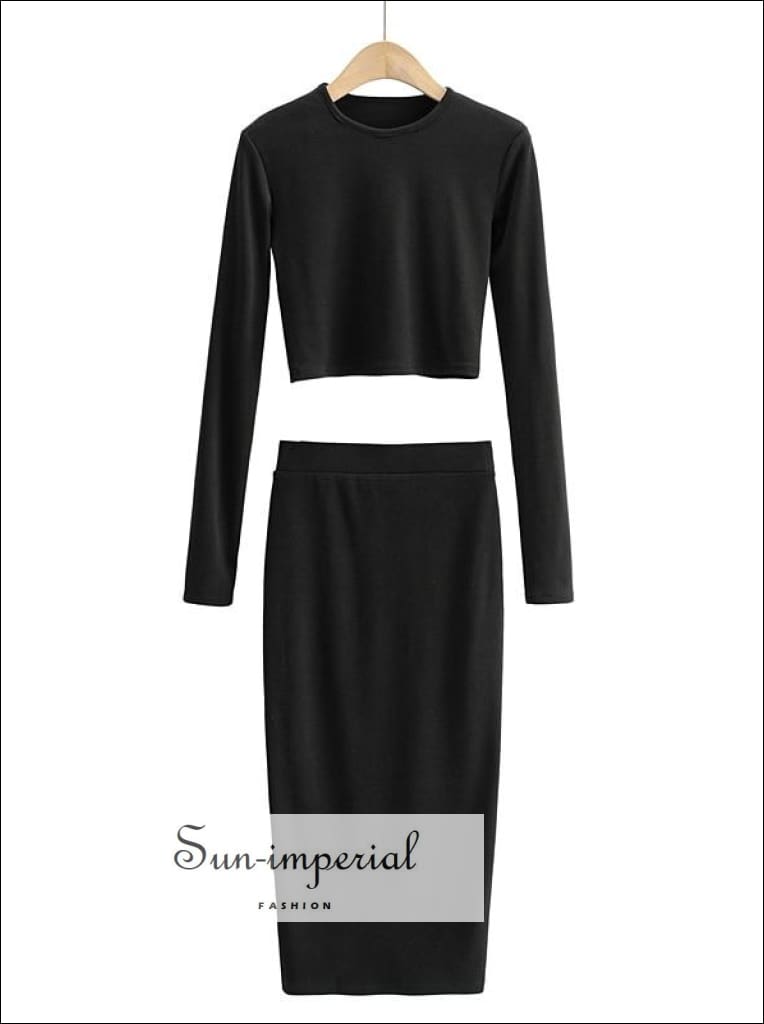 Women Dark Grey Casual Co-ord Fit O Neck Long Sleeve Crop top and Midi Skirt Set basic skirt set, Basic style, casual harajuku PUNK STYLE 