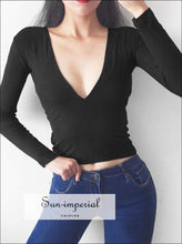 Women Deep V-neck Super Soft Ribbed Tops Slim Long Sleeve T-shirts Casual Fit Tees BASIC SUN-IMPERIAL United States