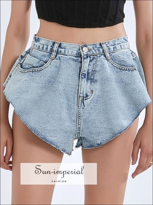 Women Denim High Waist Vintage Loose Washed Blue Structured A-line Jeans Shorts bohemian style, casual chick sexy harajuku Preppy Style 