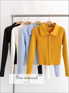 Women Dual Zipper Ribbed Sweater Shirt Cropped Knit Cardigans