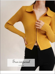 Women Dual Zipper Ribbed Sweater Shirt Cropped Knit Cardigans