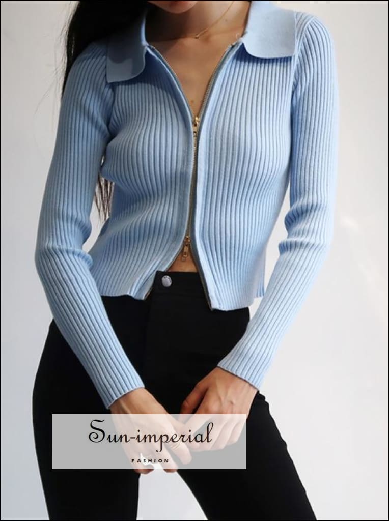 Sun-imperial - women dual zipper ribbed sweater shirt cropped knit