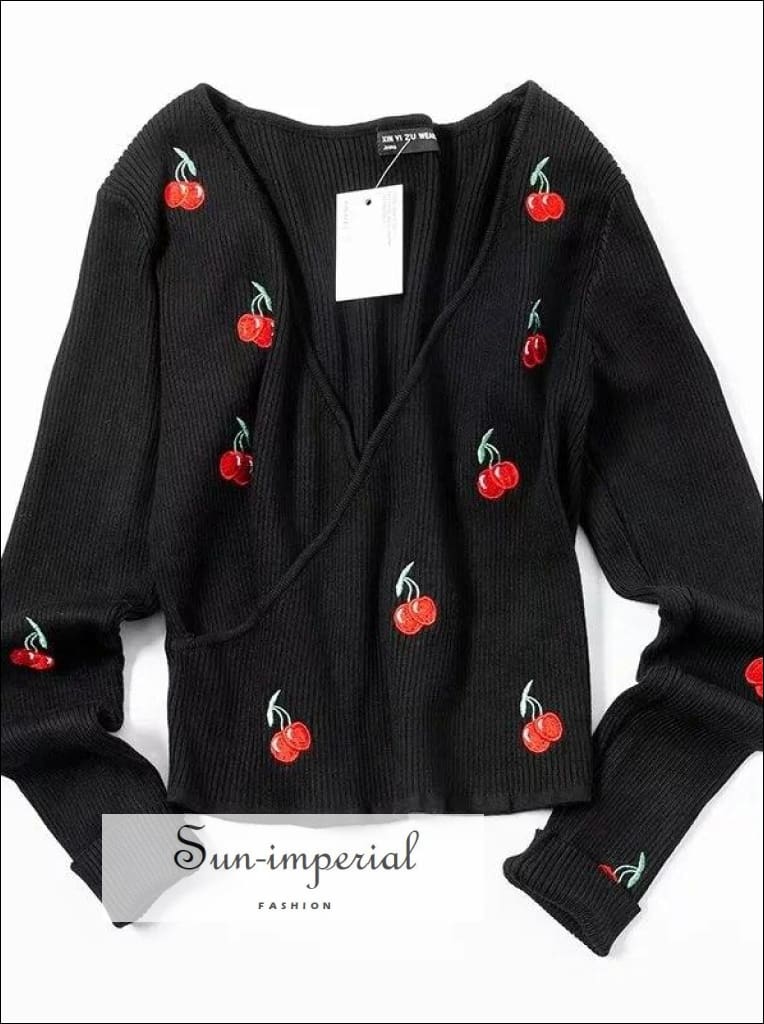 Women Embroidery Cherry Knitted Wrap Rib top Crop Knitwaer BASIC, vintage SUN-IMPERIAL United States