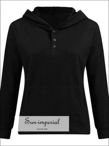 Women Fashion Solid Color Button Long-sleeved Hooded Sweater Loose Casual Warm Pocket Sweatshirt