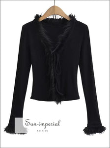 Faux Fur Neckline Sweater With Cuff Tie Front Detail Sun-Imperial United States