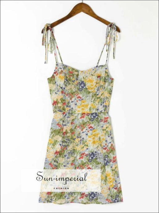 Women Floral Mini Dress with Tie Cami Strap Eclectic back and Bodice Sweetheart Neckline detail Beach Style Print, bohemian style, boho 